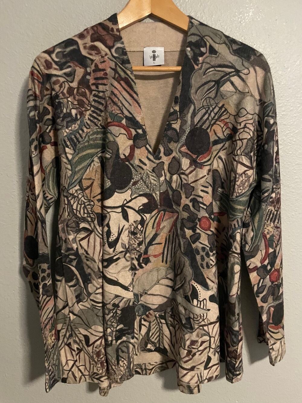 Inoah Tunic Top Womens Large Multicolor Abstract Floral Knit V Neck Artsy Boho